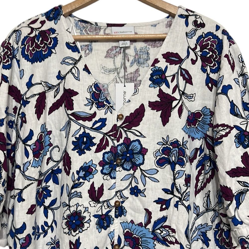 Floral Linen Dress Womens Size 18 White A-line Knee Length V-Neck Summer NEW - Picture 3 of 14